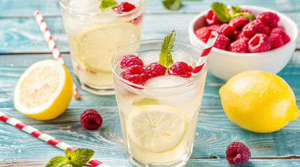 Glasses of tasty lemonade and bowl with raspberry on c