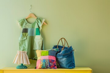 Eco-Friendly Fashion and Home Decor on Bright Beige Background: Upcycled Green Dress, Multicolored Pillow, and Repurposed Lampshade with Recycled Jeans Bag in Minimalist Setting