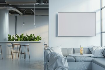 Bright Modern Kitchen with Smart Glass Wall Display and Minimalist Decor for Poster Mockup, Emphasizing Clean Technology and Nutrition Awareness