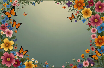 Fototapeta premium Serene Nature Scene Fluttering Butterflies Amidst Blooming Flowers, High-Resolution Background with Copy space