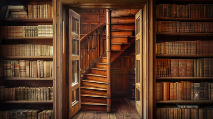 Private library's spiral wooden staircase, viewed through a framed doorway with ancient books around.