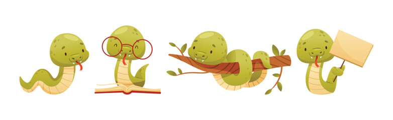 Cute Green Snake Funny Wild Baby Reptile Vector Set