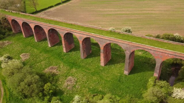 An aerial view of the Ledbury Viaduct bridge in England during daylight