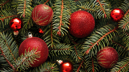 Greeting card fir branches and Christmas balls closeup