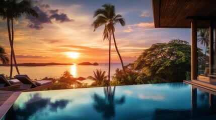 Amazing view of the sunset over the ocean from an infinity pool.