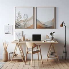 Fototapeta premium Minimalist paintings on a white wall above a wooden desk with a laptop and notebooks in a scandinavian home office interior.
