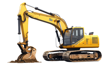 The Mighty Beast: A Yellow and Black Excavator Claiming Its Throne on a Mountain of Earth on White or PNG Transparent Background.