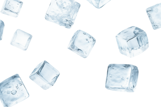 Levitation of ice cubes isolated on transparent background.