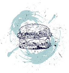 Fototapeta premium Hand-drawn illustration of a Hamburger with an abstract ink splatter background