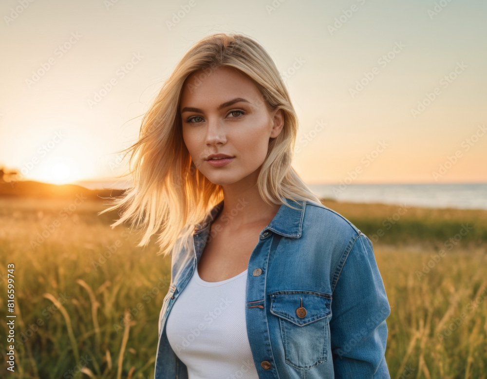 Wall mural summer beach portrait of a young sexy blonde woman in denim clothes standing on grassy beach at suns