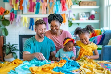 Multiracial Family Creating Handmade Clothing at Home, Laughing in a Brightly Lit Living Room
