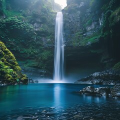 a natural waterfall pool with stone carved ruins integrated into the design, overgrown, cascades, dense forest, rocks and cliffs, appalacian, serene, Generate AI.