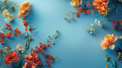 Beautiful delicate flowers on a blue background. Abstract layout of a colored frame with space for text. A romantic feminine composition.The concept of International Women's Day, Mother's Day.
