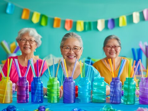 Senior Asian Women Engaging in Sustainable Fashion Creation at a Vibrant Community Center