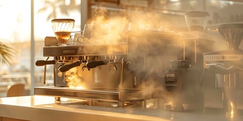 Steam rises from a coffee machine in a bustling cafe. Concept Coffee Shop, Busy Atmosphere, Steam, Specialty Drinks, Espresso Machine