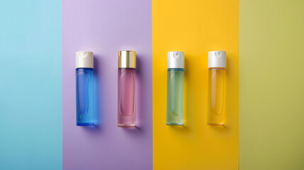 Four of different travel cosmetic products on color background