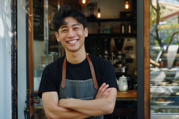 Smiling young Asian barista male standing in front of his coffee shop. Business owner startup SME entrepreneur concept