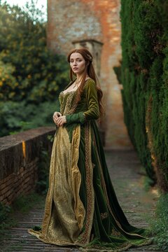 Noblewoman in golden dress at castle garden