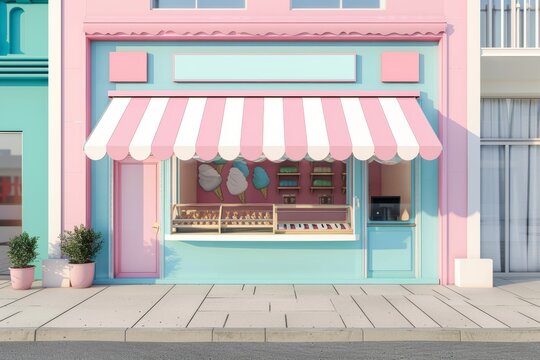 A charming ice cream parlor exterior featuring a pastel color scheme, striped awning, and playful window displays