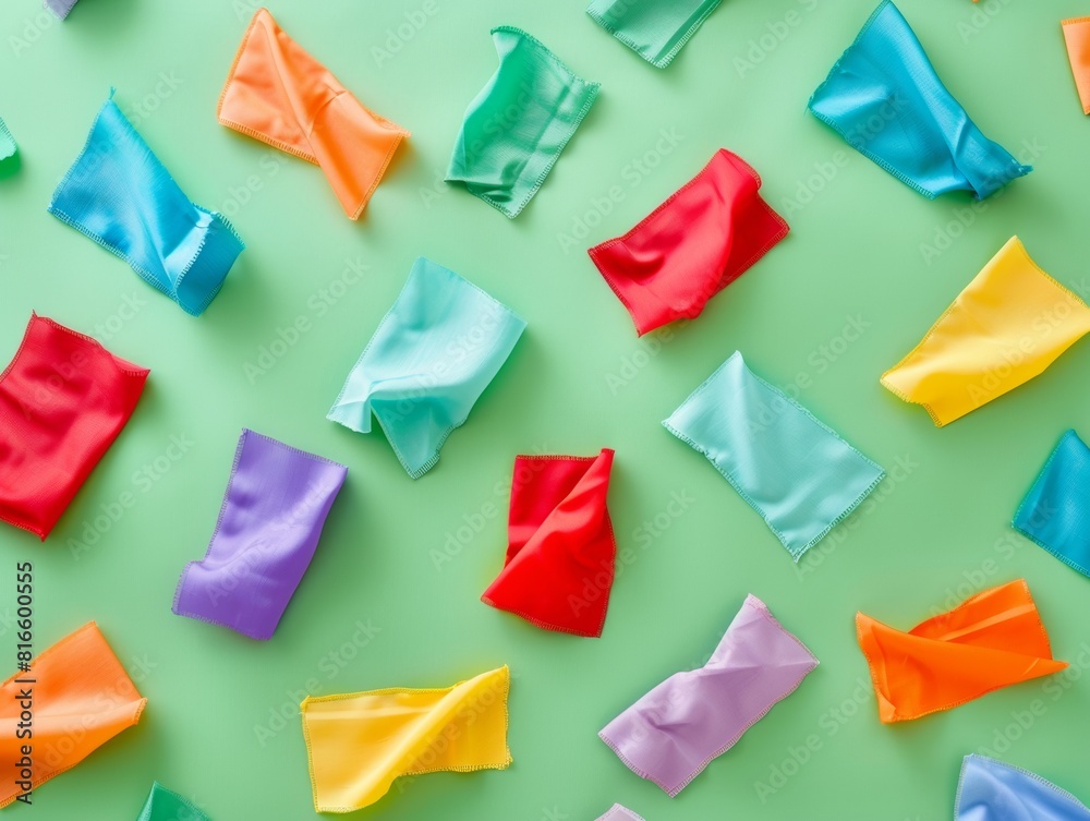 Aufkleber sustainable fashion concept: bright fabric scraps on soft green background in daylight, emphasizing 