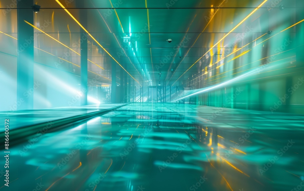 Aufkleber Futuristic Digital Interface with Dynamic Light Rays Depicting Data Flow in an Empty High-Tech Workspace