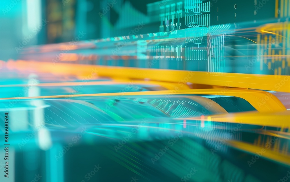 Poster Futuristic Digital Interface Surface with Vibrant Data Beams: Depiction of Cutting-edge Technology and Efficiency in a Neon-Colored, High-Tech Environment