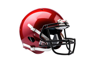 Fototapeta premium Red American football helmet, glossy protective sports headgear with black facemask, gridiron equipment PNG isolated on Transparent Background