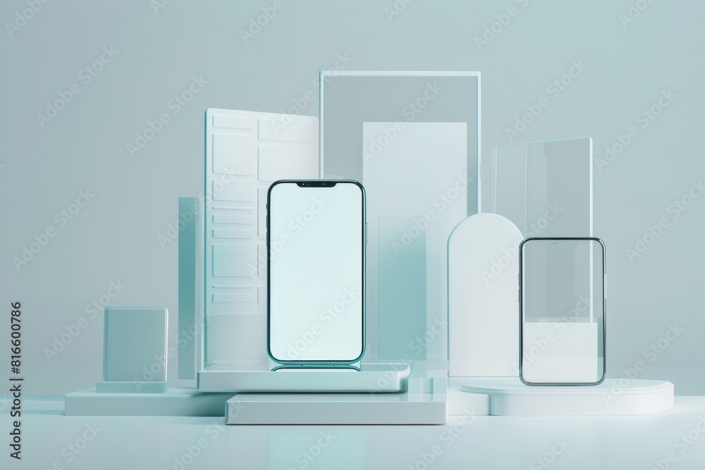 Poster Bright White Minimalist Digital Interface with Smartphone and Microchip on a Light Grey Background