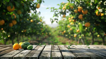 White wooden table for product presentations Contrast with the background of the orange orchard. There was a small watermelon on the table and the sky was cloudy.
