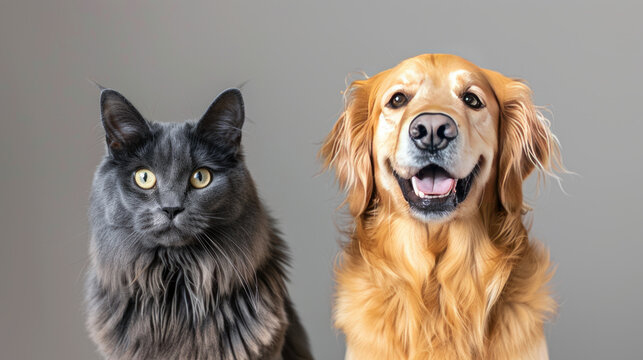 A happy Golden Retriever dog and a blue Maine Coon cat pose for a photo, their eyes fixed on the camera. They are isolated on a gray background.