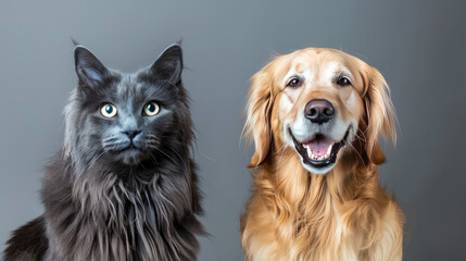 A happy Golden Retriever dog and a blue Maine Coon cat pose for a photo, their eyes fixed on the camera. They are isolated on a gray background.