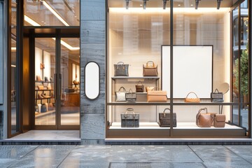 Store exterior showcases a stylish display under warm lighting, complemented by a blank billboard for bespoke advertising