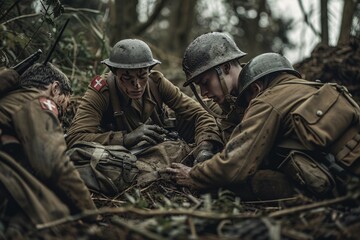 Fototapeta premium A group of soldiers in camouflage uniforms lying on the ground in a forest setting, likely taking a tactical rest during a mission