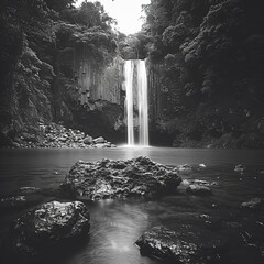 a natural waterfall pool with stone carved ruins integrated into the design, overgrown, cascades, dense forest, rocks and cliffs, appalacian, serene, Generate AI.