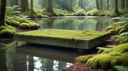 An empty stone platform is placed on the water with a forest floor, moss, ferns and trees behind....