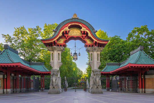 Berlin, Germany - May 14. 2024: The entrance gate to the Berlin Zoo on a warm summer evening