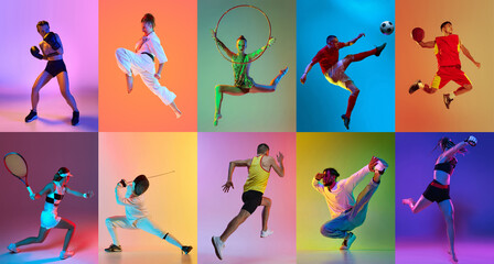 Collage. Dynamic shot of professional sportsmen in motion training in neon light against gradient studio background. Concept of professional sport, competition, tournament, movement, action. Ad