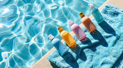 Sunscreen bottles lined up on a blue towel by the pool