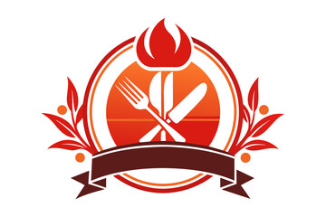  Logo for restaurant, A fork and knife intertwined, adorned with a chef's hat, invitingly placed over a plate. Steam rises gracefully, suggesting delicious cuisine awaits. vector art, illustration