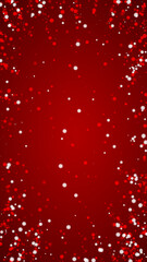 Falling snowflakes christmas background. Subtle flying snow flakes and stars on christmas red background. Beautifully falling snowflakes overlay. Vertical vector illustration.