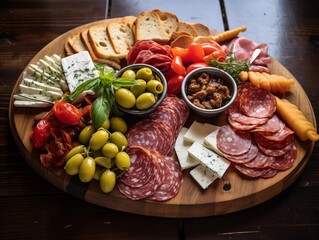 Fototapeta premium Guests Enjoy a Charcuterie Board at a Cozy Evening Gathering