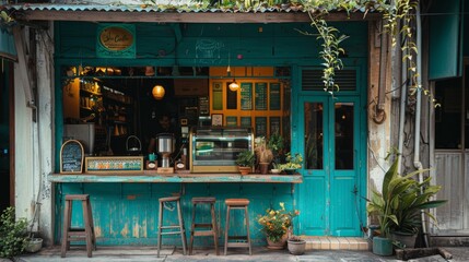Charming photographs showcasing Thai coffee shop fronts in a modern yet vintage style. Ideal for promoting trendy cafes or urban exploration guides.