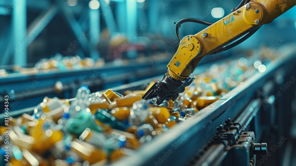 Poster A captivating image of a robotic arm meticulously picking and sorting plastic waste pieces on a conveyor belt, highlighting the precision and efficiency of modern recycling systems.