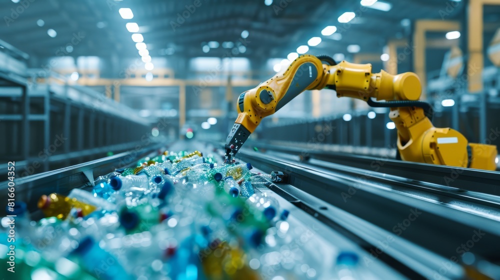 Poster a captivating image of a robotic arm meticulously picking and sorting plastic waste pieces on a conv