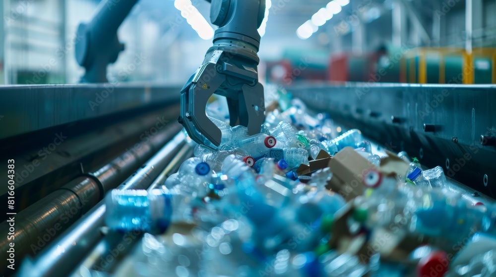 Poster A captivating image of a robotic arm meticulously picking and sorting plastic waste pieces on a conveyor belt, highlighting the precision and efficiency of modern recycling systems.