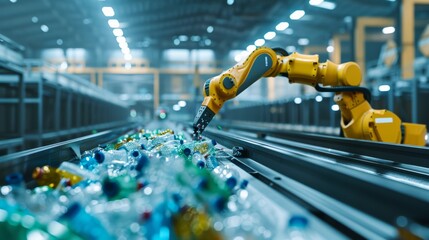 A captivating image of a robotic arm meticulously picking and sorting plastic waste pieces on a conveyor belt, highlighting the precision and efficiency of modern recycling systems.