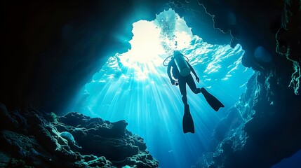 Diver Exploring an Underwater Cave with Sunlight Streaming In - ai generative