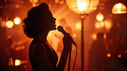 Silhouette of Singer Performing in Dimly Lit Lounge - ai generative