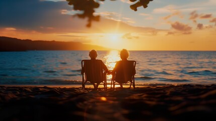 Elderly Couple Relaxing at Sunset Beach - ai generative