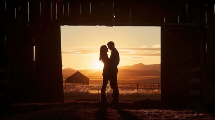 Fototapeta premium Romantic Couple Embracing in Barn Doorway at Sunset - ai generative